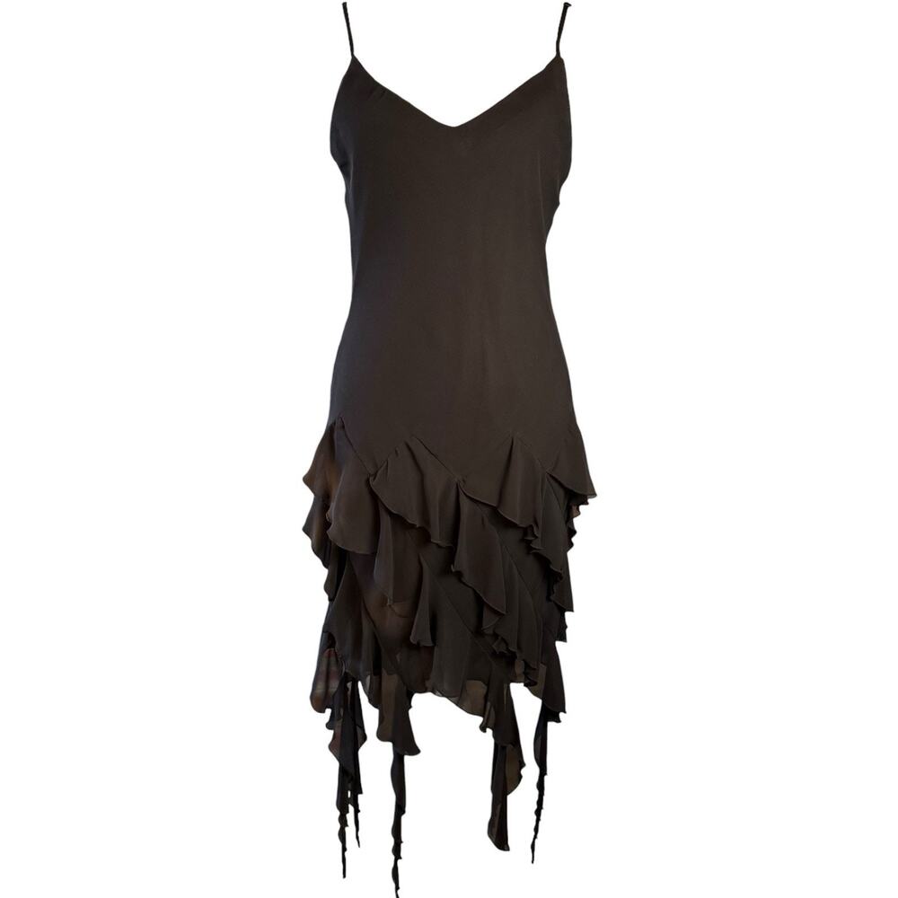 VTG Ruffle Asymmetrical Handkerchief Black Midi Dress Silky Fairy Whimsigoth Y2K